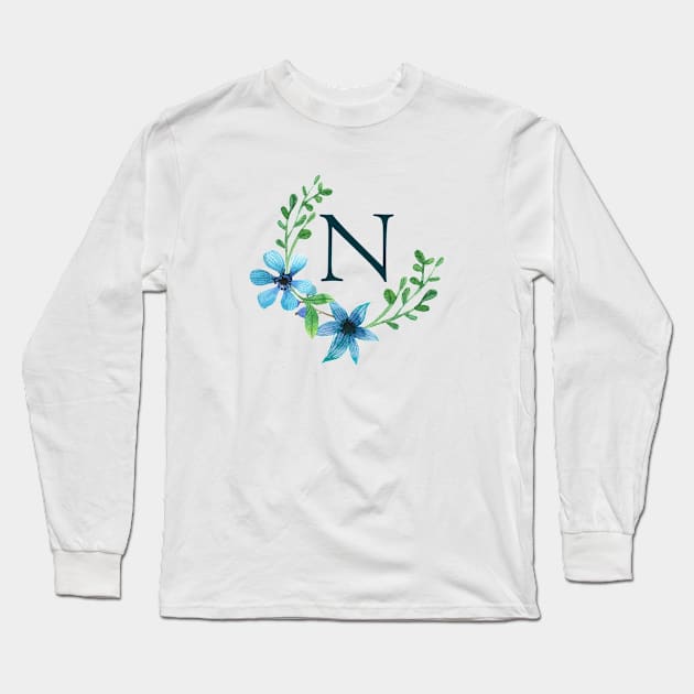 Floral Monogram N Pretty Blue Flowers Long Sleeve T-Shirt by floralmonogram